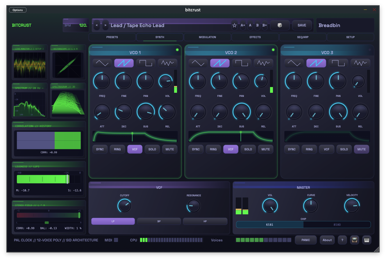 Bitcrust synthesizer — synth panel showing three VCO sections, VCF, and master controls