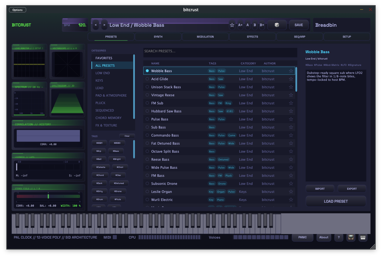 Preset browser with category sidebar, search, tag filters, and metadata detail