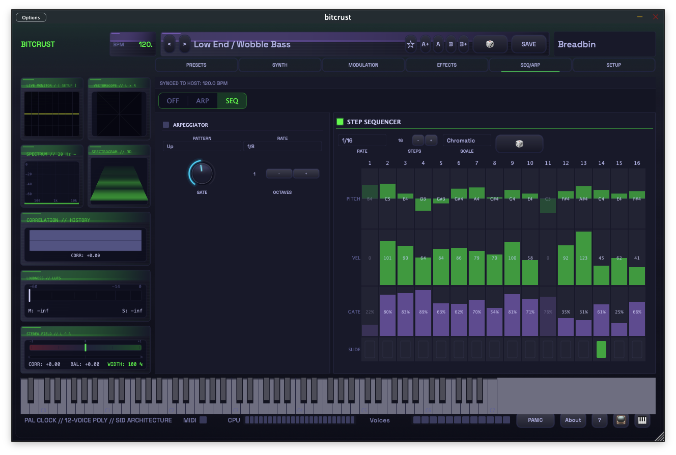 Sequencer and arpeggiator panel with 16-step grid